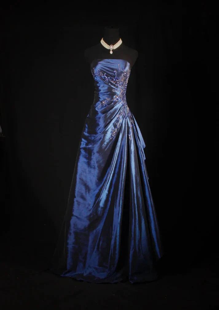 Vintage Ball Gown Strapless Navy Blue Satin Long Prom Dress Party Dress