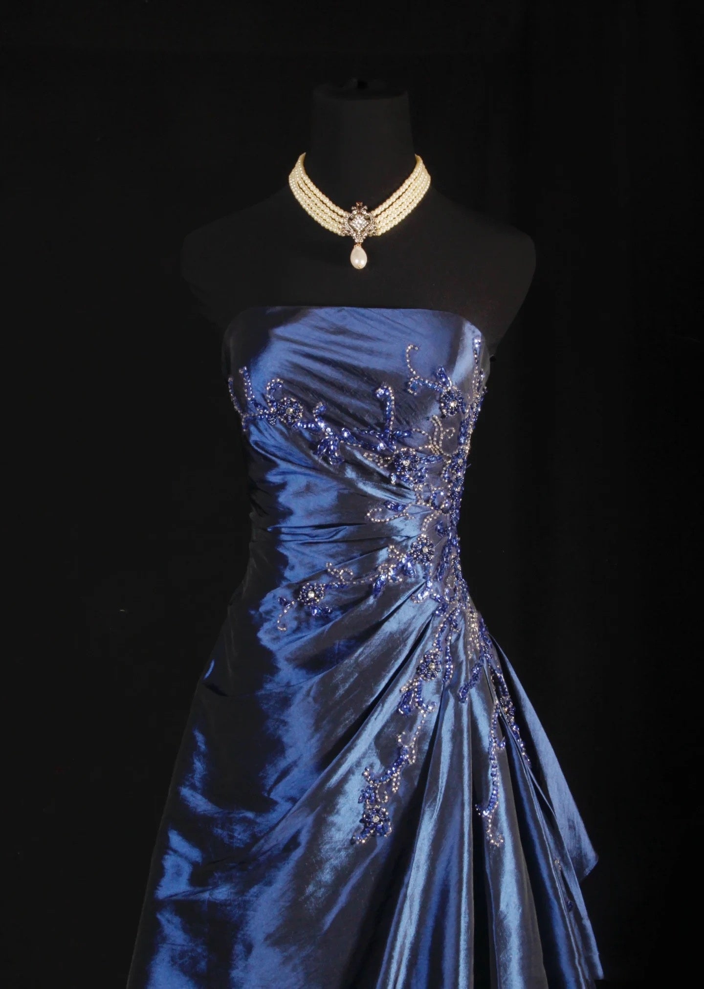 Vintage Ball Gown Strapless Navy Blue Satin Long Prom Dresses Party Dress Secondary image