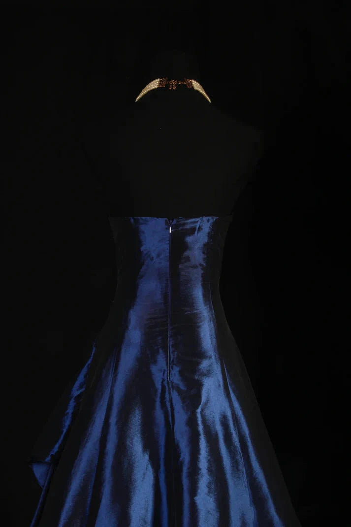 Vintage Ball Gown Strapless Navy Blue Satin Long Prom Dress Party Dress
