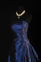 Vintage Ball Gown Strapless Navy Blue Satin Long Prom Dress Party Dress