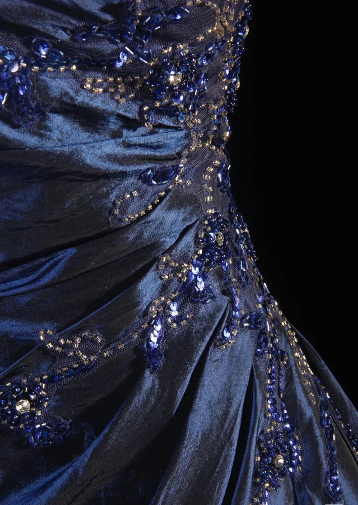 Vintage Ball Gown Strapless Navy Blue Satin Long Prom Dress Party Dress