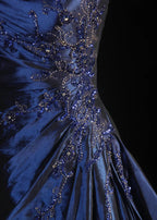 Vintage Ball Gown Strapless Navy Blue Satin Long Prom Dress Party Dress