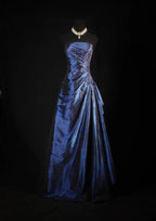 Vintage Ball Gown Strapless Navy Blue Satin Long Prom Dress Party Dress