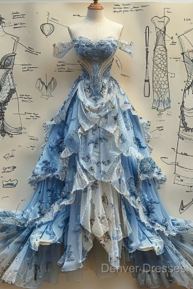 Vintage Ball Gown Strapless Off The Shoulder Blue Lace Prom Dress Party Dress
