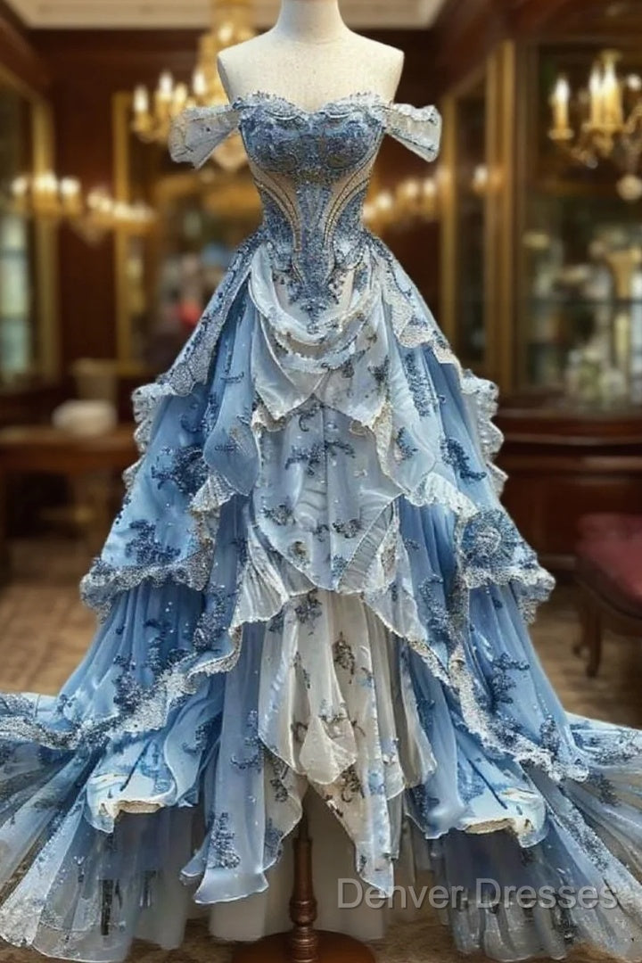 Vintage Ball Gown Strapless Off The Shoulder Blue Lace Prom Dress Party Dress Main image
