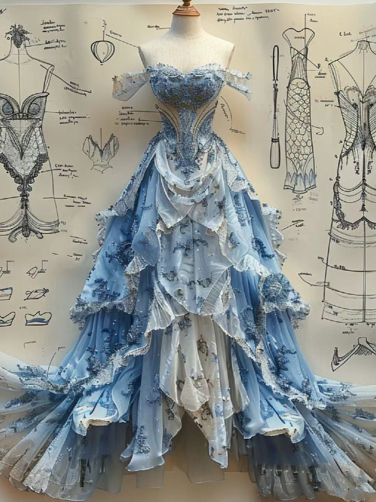 Vintage Ball Gown Strapless Off The Shoulder Blue Lace Prom Dress Party Dress Main image