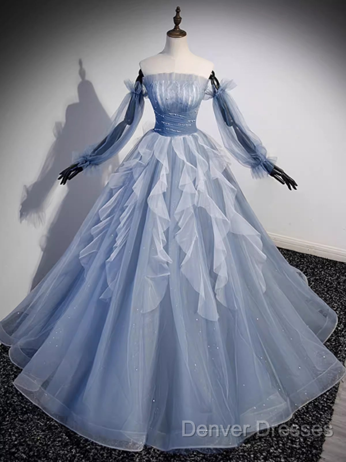 Vintage Ball Gown Strapless Satin Dusty Blue Tulle Long Prom Dress Formal Dress