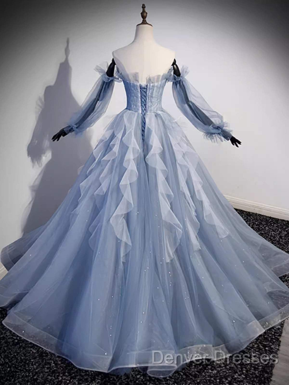 Vintage Ball Gown Strapless Satin Dusty Blue Tulle Long Prom Dress Formal Dress