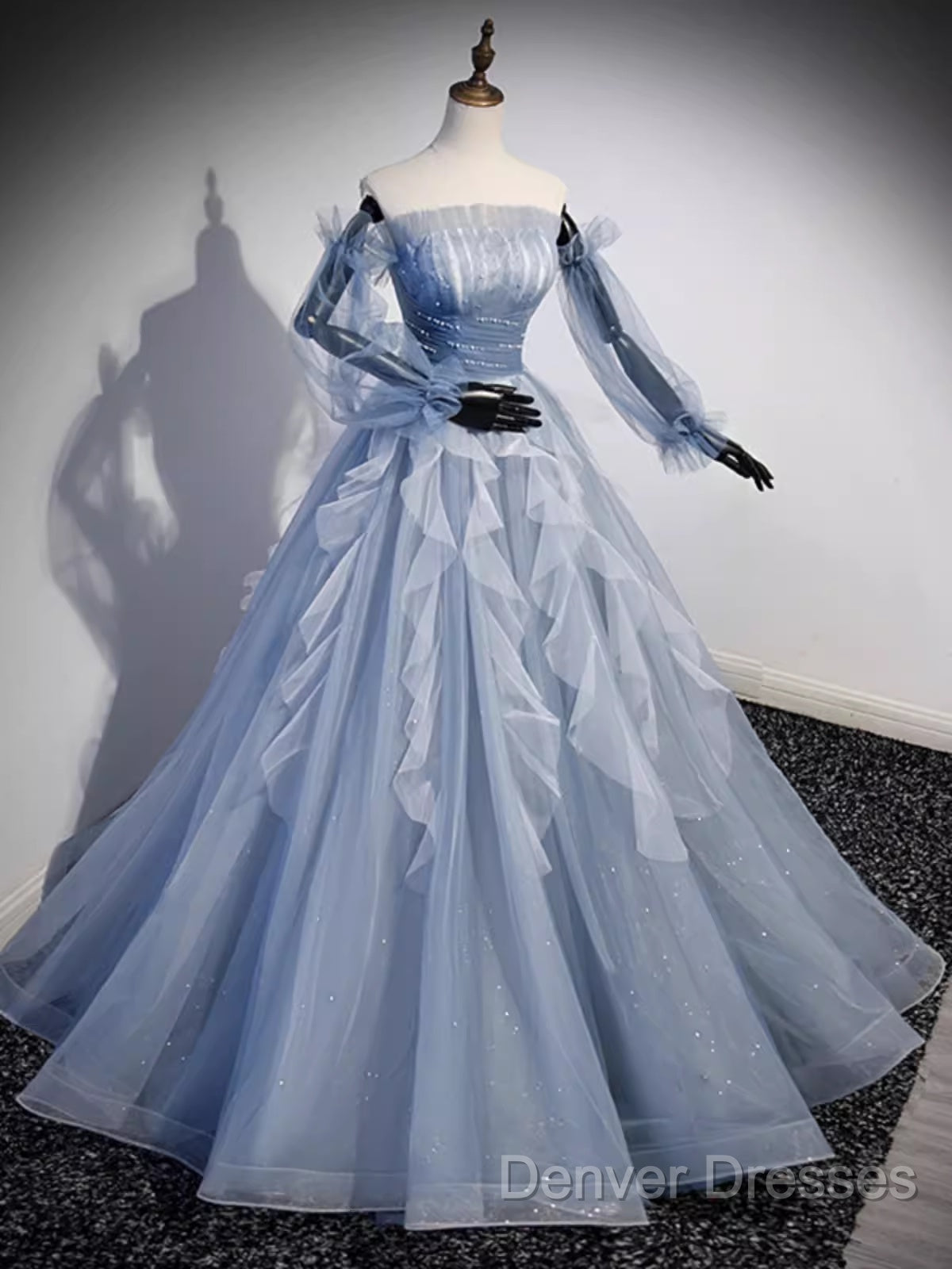 Vintage Ball Gown Strapless Satin Dusty Blue Tulle Long Prom Dress Formal Dress