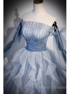 Vintage Ball Gown Strapless Satin Dusty Blue Tulle Long Prom Dress Formal Dress