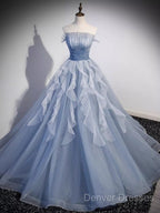 Vintage Ball Gown Strapless Satin Dusty Blue Tulle Long Prom Dress Formal Dress