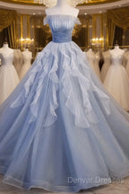 Vintage Ball Gown Strapless Satin Dusty Blue Tulle Long Prom Dress Formal Dress