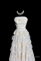 Vintage Ball Gown Strapless White Lace Prom Gown Fairy Prom Dress