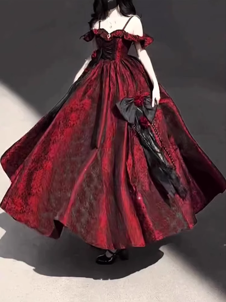 Vintage Ball Gown Straps Long Burgundy Ruffles Lace Prom Dress Birthday Outfits