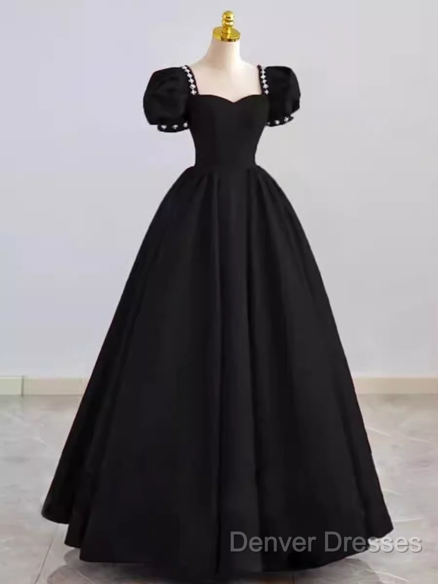 Vintage Ball Gown Sweetheart Satin Black Long Prom Dress Formal Dress