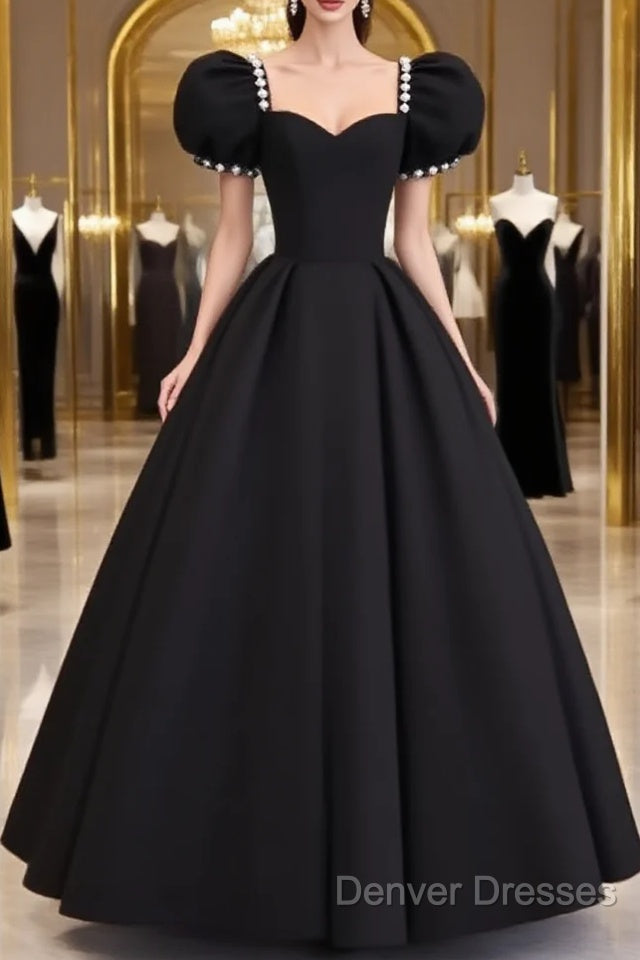 Vintage Ball Gown Sweetheart Satin Black Long Prom Dress Formal Dress