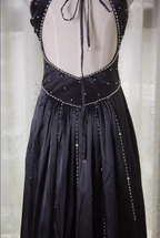 Vintage Black A-Line V-Neck Open Back Butterfly Rhinestone Beaded Satin Long Prom Dress Evening Dress