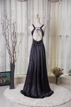 Vintage Black A-Line V-Neck Open Back Butterfly Rhinestone Beaded Satin Long Prom Dress Evening Dress