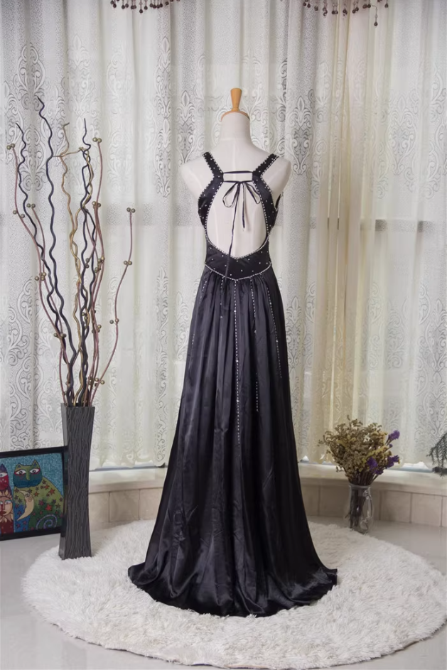 Vintage Black A-Line V-Neck Open Back Butterfly Rhinestone Beaded Satin Long Prom Dress Evening Dress