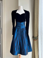 Vintage Black And Blue A-Line Long-Sleeved Velvet And Satin Prom Dress Evening Dress