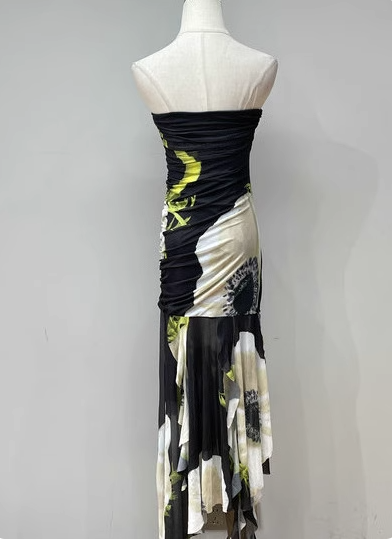 Vintage Black Base Floral Print Irregular Strapless Chiffon Long Prom Dress Evening Dress Secondary image