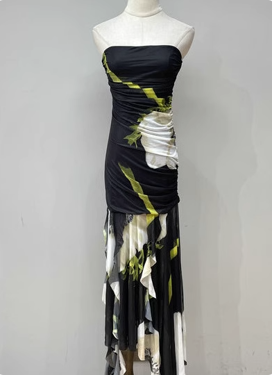 Vintage Black Base Floral Print Irregular Strapless Chiffon Long Prom Dress Evening Dress Main image