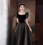 Vintage Black & Gold A-Line Square Neck Puff Sleeve Velvet Gold Shimmer Tulle Long Prom Dress Evening Dress