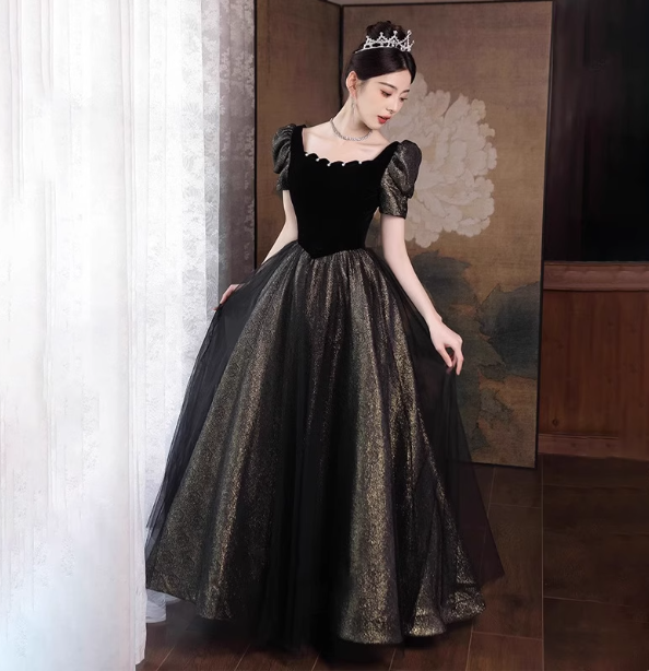 Vintage Black & Gold A-Line Square Neck Puff Sleeve Velvet Gold Shimmer Tulle Long Prom Dress Evening Dress