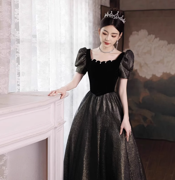 Vintage Black & Gold A-Line Square Neck Puff Sleeve Velvet Gold Shimmer Tulle Long Prom Dress Evening Dress