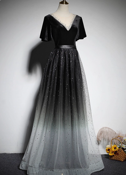 Vintage Black-Gray Gradient A-Line V-Neck Velvet Tulle Long Prom Dress Evening Dress