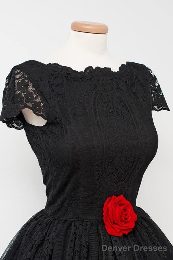 Vintage Black Lace Homecoming Dress Bateau Knee-Length Flower Secondary image