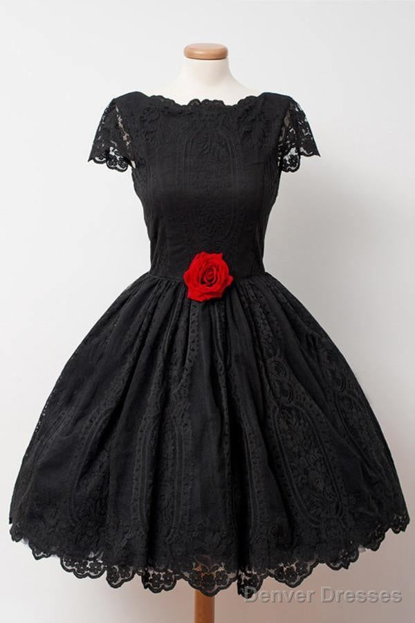 Vintage Black Lace Homecoming Dress Bateau Knee-Length Flower Main image