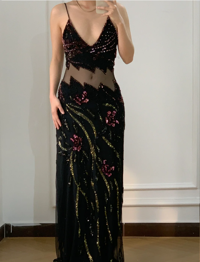 Vintage Black Mermaid Beaded Sequined Floral Cutout Tulle Long Prom Dress Evening Dress Main image