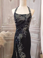 Vintage Black Mermaid Halter Neck Beaded Chiffon Long Prom Dress Evening Dress