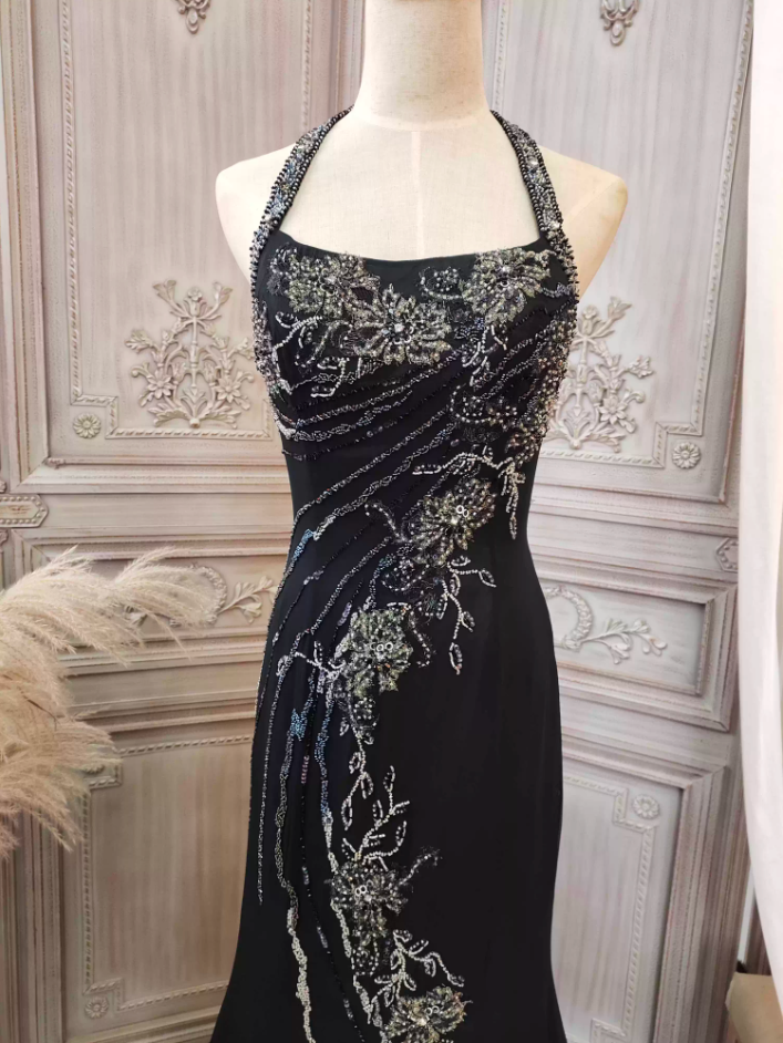 Vintage Black Mermaid Halter Neck Beaded Chiffon Long Prom Dress Evening Dress
