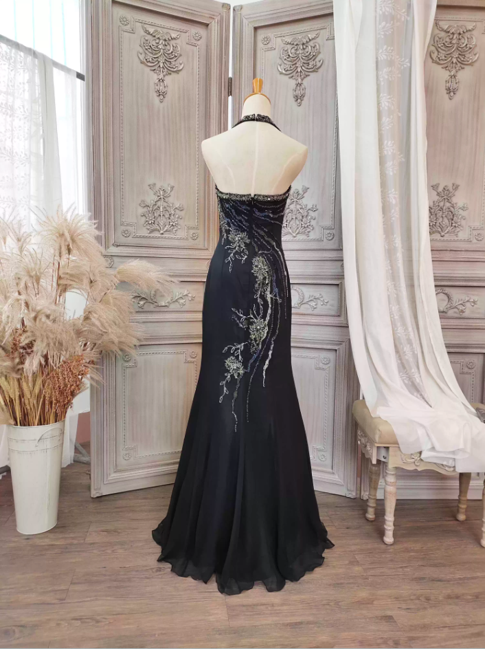Vintage Black Mermaid Halter Neck Beaded Chiffon Long Prom Dress Evening Dress