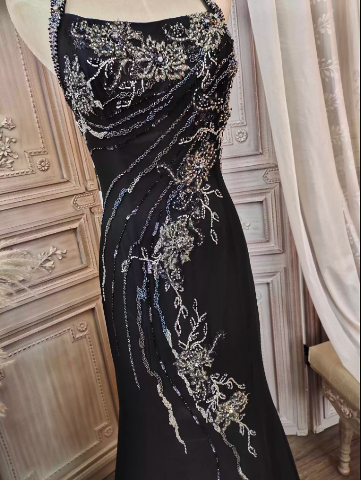 Vintage Black Mermaid Halter Neck Beaded Chiffon Long Prom Dress Evening Dress