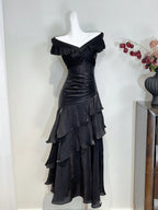 Vintage Black Mermaid One Shoulder Ruffle Satin Prom Dress Evening Dress