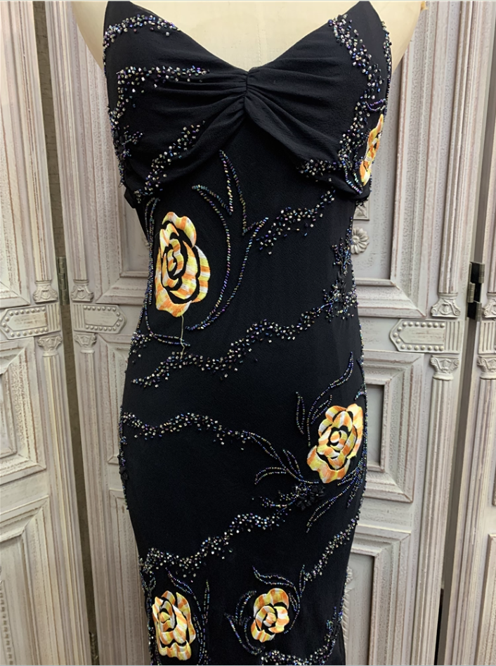 Vintage Black Mermaid Spaghetti Strap Gold Rose Beaded Embroidery Chiffon Long Prom Dress Evening Dress