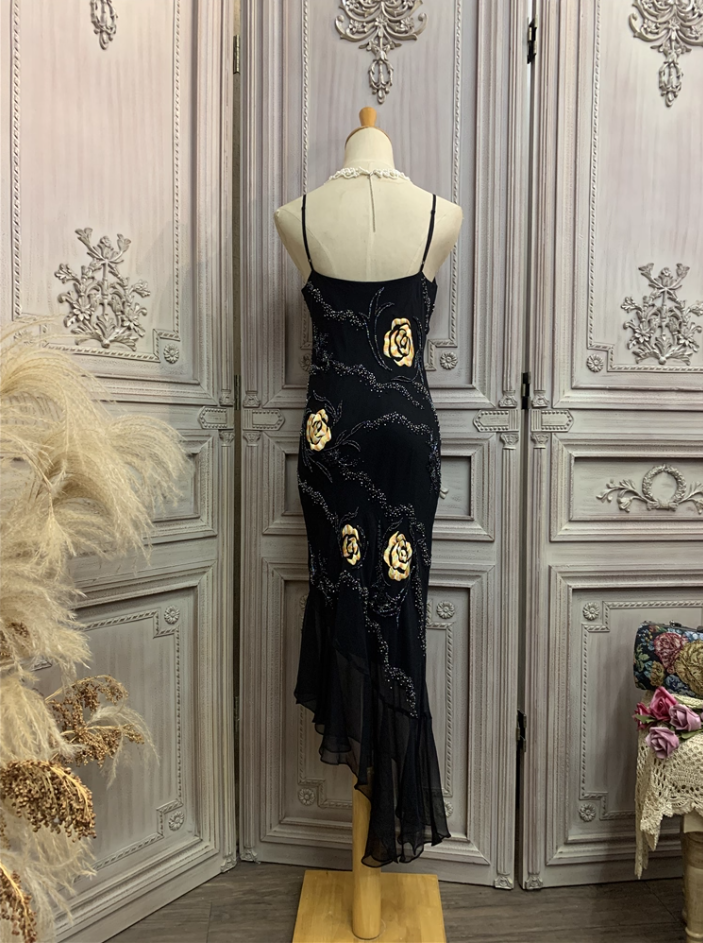 Vintage Black Mermaid Spaghetti Strap Gold Rose Beaded Embroidery Chiffon Long Prom Dress Evening Dress
