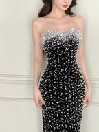 Vintage Black Mermaid Strapless Pearl Velvet Long Prom Dress Evening Dress