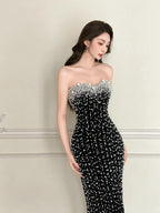Vintage Black Mermaid Strapless Pearl Velvet Long Prom Dress Evening Dress