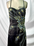 Vintage Black Peacock Feather Embroidered Slim-Fit Satin Long Prom Dress Evening Dress