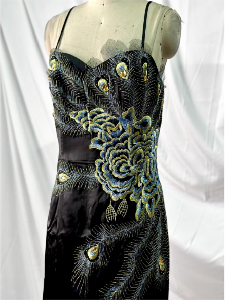 Vintage Black Peacock Feather Embroidered Slim-Fit Satin Long Prom Dress Evening Dress