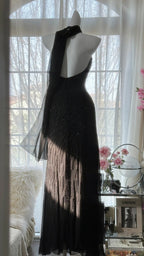 Vintage Black Pink Diamond Halter Neck Chiffon Mermaid Evening Gown Prom Dress
