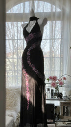 Vintage Black Pink Diamond Halter Neck Chiffon Mermaid Evening Gown Prom Dress