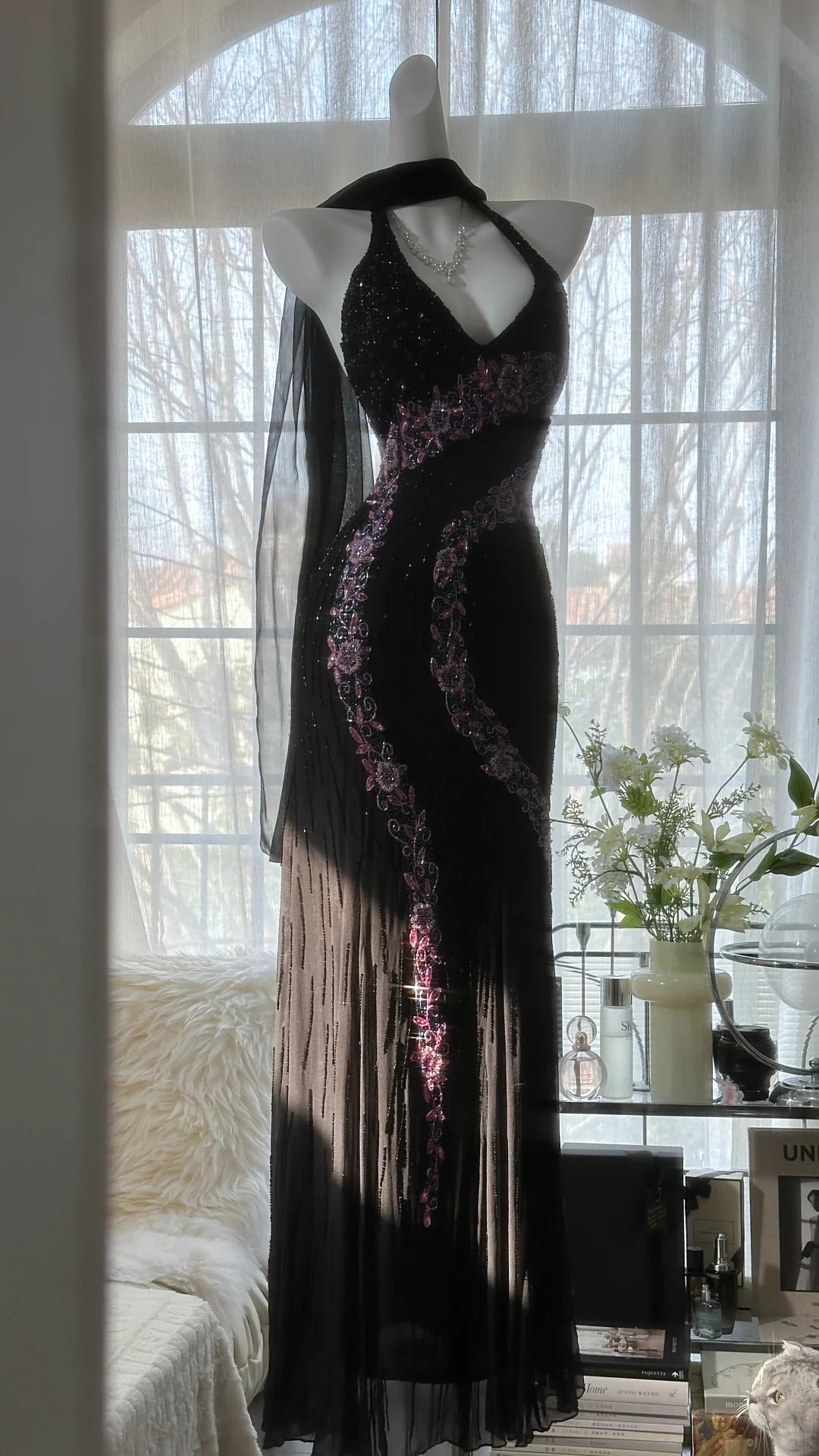 Vintage Black Pink Diamond Halter Neck Chiffon Mermaid Evening Gown Prom Dress