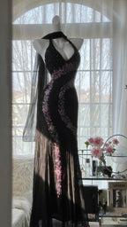 Vintage Black Pink Diamond Halter Neck Chiffon Mermaid Evening Gown Prom Dress