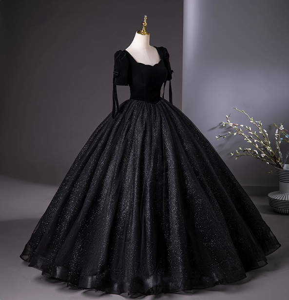 Vintage Black Puff Sleeve Velvet Shimmer Tulle Ball Gown Evening Dress Sweet 16 Dress