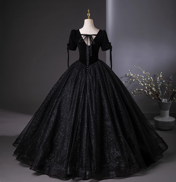 Vintage Black Puff Sleeve Velvet Shimmer Tulle Ball Gown Evening Dress Sweet 16 Dress